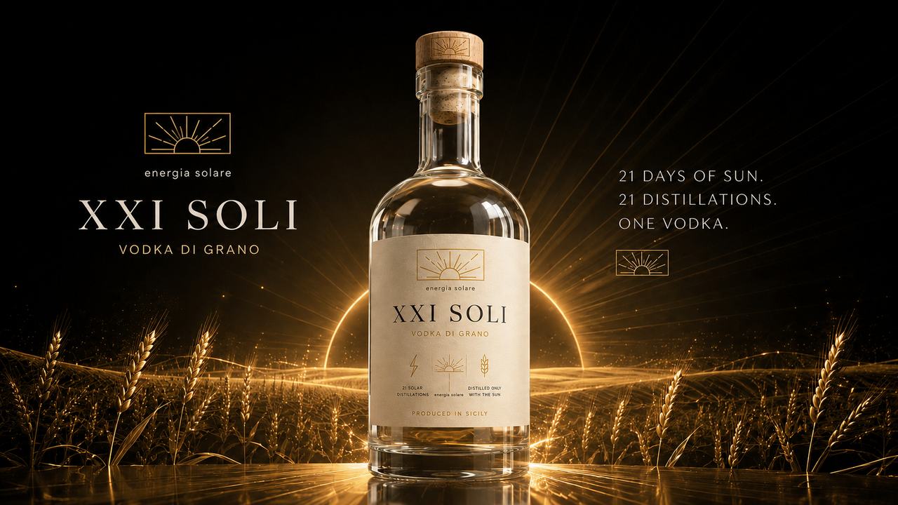 XXI SOLI GRANO — bottiglia di vodka siciliana in luce dorata di grano